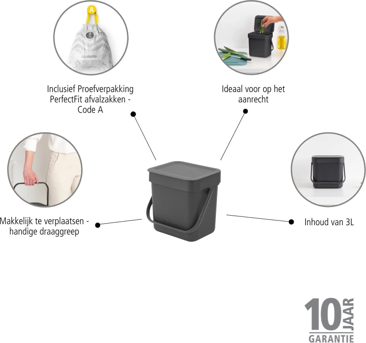 Brabantia Sort & Go Afvalbakje Aanrecht - 3 L - Dark Grey 4 Brabantia Sort & Go Afvalbakje Aanrecht - 3 L - Dark Grey - Afbeelding 2