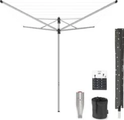 Brabantia Lift-O-Matic Droogmolen - Met Metalen Grondanker, Beschermhoes, Wasknijpertasje En Wasknijpers - 40 M - Metallic Grey