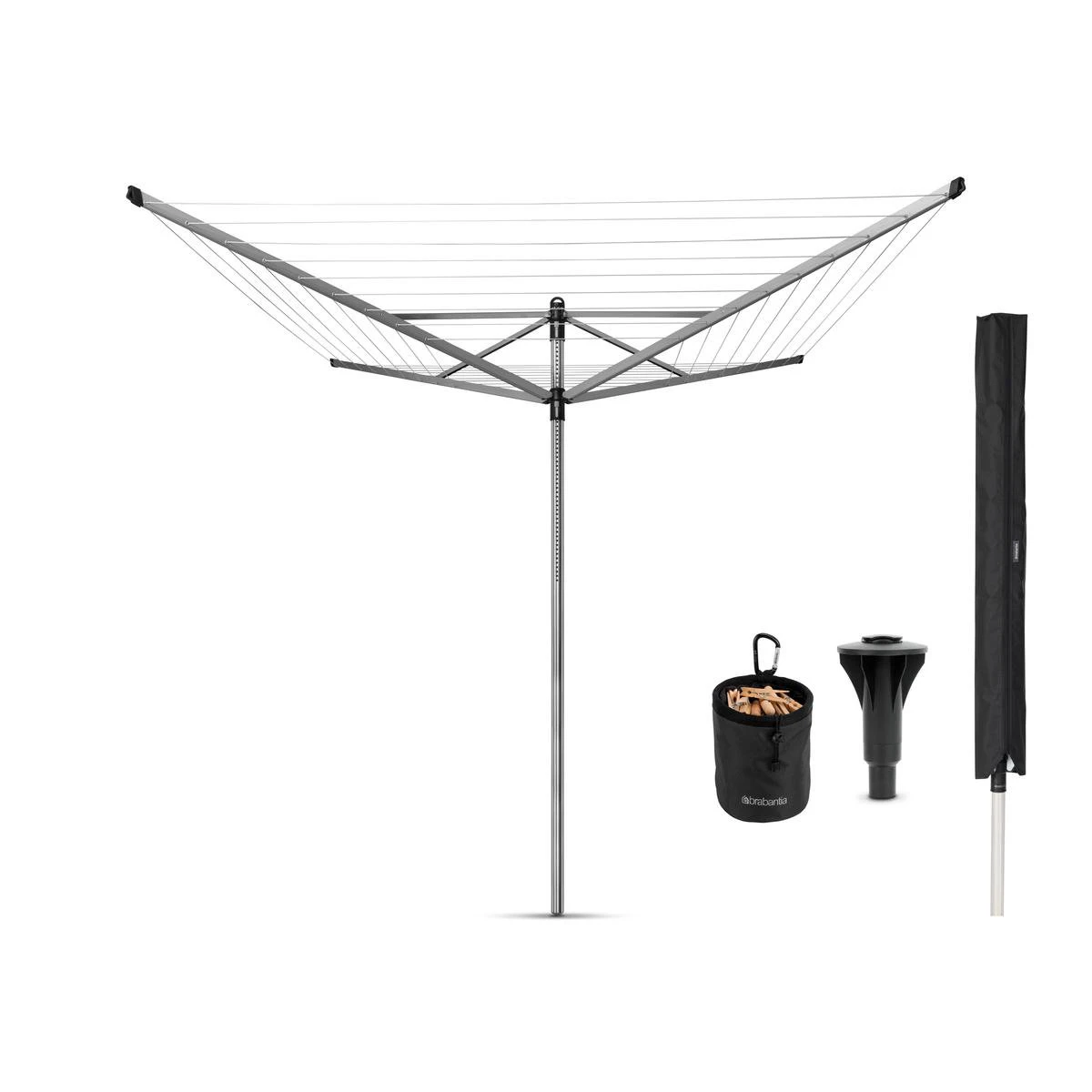 Brabantia Lift-O-Matic Advance Droogmolen Met Kunststof Betonanker, Beschermhoes En Wasknijpertasje - 60 M - Metallic Grey
